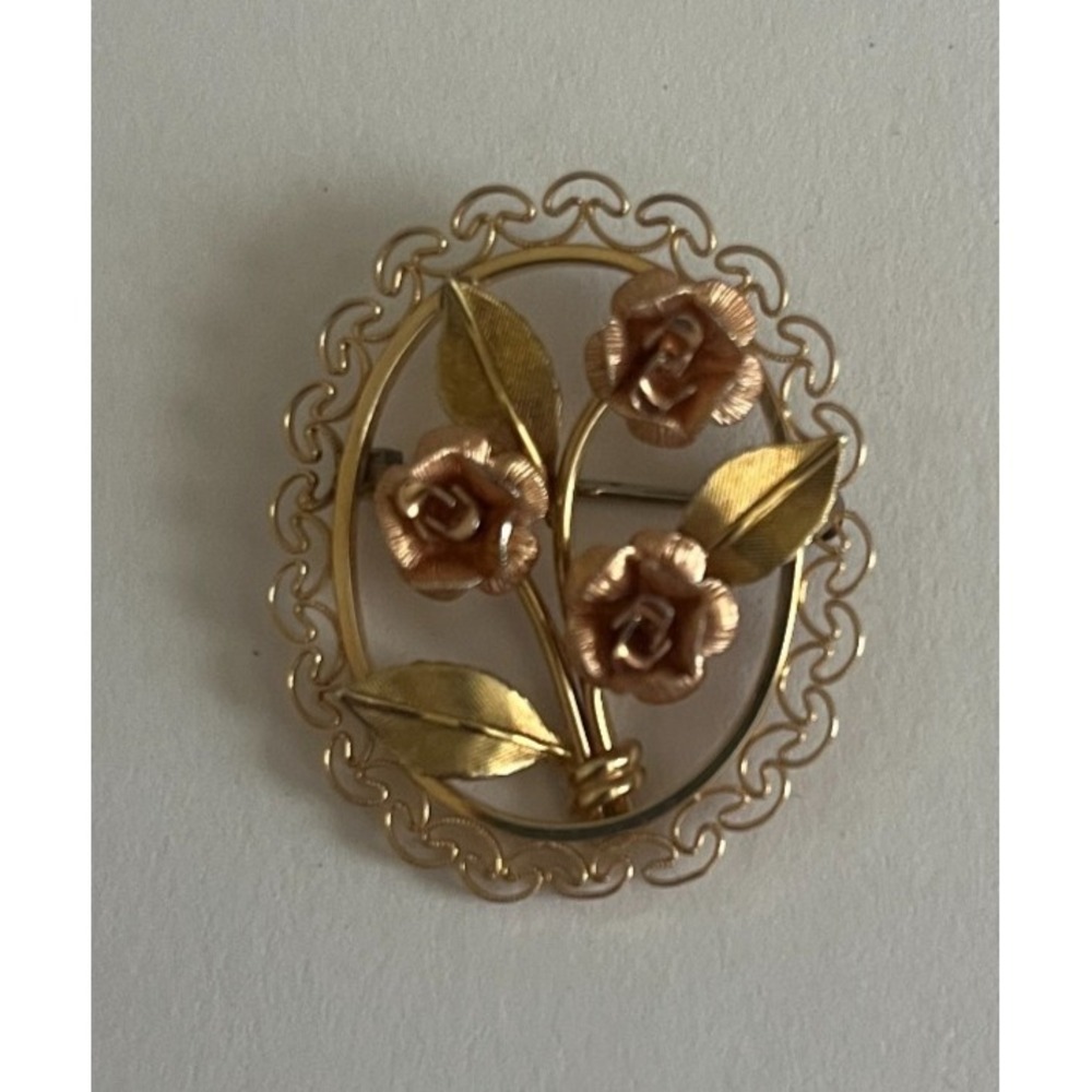 Krementz Vintage Rose Gold Tone Floral Oval Brooch Scalloped Border Pin 1"